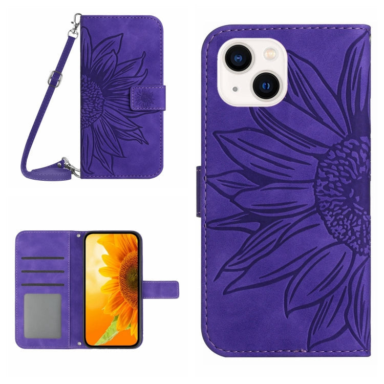 Skin Feel Sun Flower Embossed Flip Leather Phone Case with Lanyard – Lanyard, Card Slot, Flip, For iPhone 15 Pro, For iPhone 15 Plus For iPhone 15 Plus Dark Purple