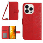 Skin Feel Sun Flower Embossed Flip Leather Phone Case with Lanyard, For iPhone 15 Pro, For iPhone 15 Plus For iPhone 15 Pro Red