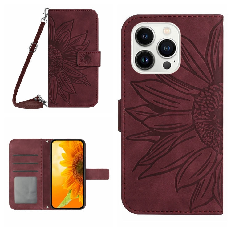 Skin Feel Sun Flower Embossed Flip Leather Phone Case with Lanyard – Lanyard, Card Slot, Flip, For iPhone 15 Pro, For iPhone 15 Plus For iPhone 15 Pro Wine Red