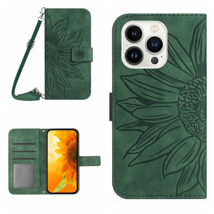 Skin Feel Sun Flower Embossed Flip Leather Phone Case with Lanyard – Lanyard, Card Slot, Flip, For iPhone 15 Pro, For iPhone 15 Plus For iPhone 15 Pro Green