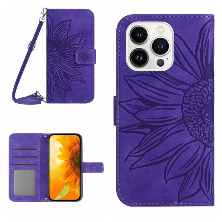 Skin Feel Sun Flower Embossed Flip Leather Phone Case with Lanyard – Lanyard, Card Slot, Flip, For iPhone 15 Pro, For iPhone 15 Plus For iPhone 15 Pro Dark Purple