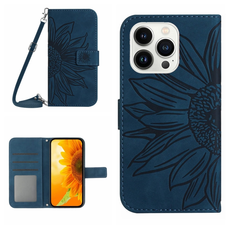 Skin Feel Sun Flower Embossed Flip Leather Phone Case with Lanyard – Lanyard, Card Slot, Flip, For iPhone Air, For iPhone 16 Pro Max For iPhone 16 Pro Max Inky Blue