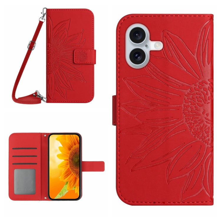 Skin Feel Sun Flower Embossed Flip Leather Phone Case with Lanyard, For iPhone 16, For iPhone 15 Pro Max For iPhone 16 Red