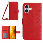 Skin Feel Sun Flower Embossed Flip Leather Phone Case with Lanyard, For iPhone 16, For iPhone 15 Pro Max For iPhone 16 Red