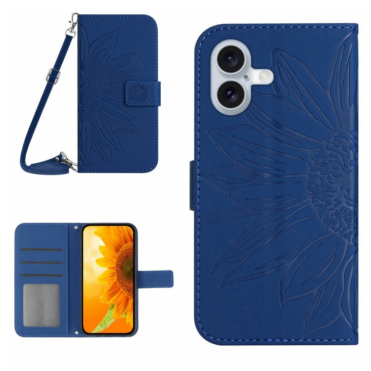 Skin Feel Sun Flower Embossed Flip Leather Phone Case with Lanyard – Lanyard, Card Slot, Flip, For iPhone 16, For iPhone 15 Pro Max For iPhone 16 Dark Blue