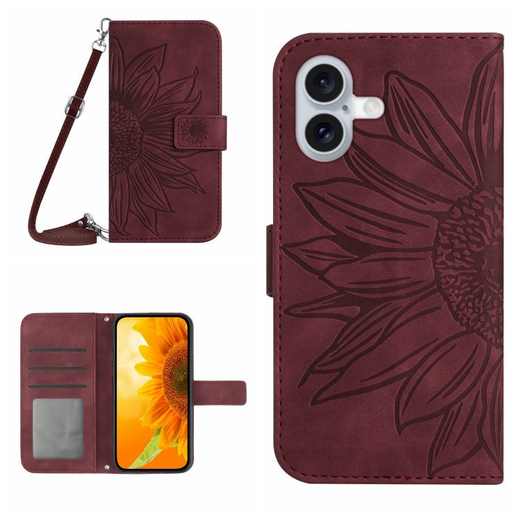 Skin Feel Sun Flower Embossed Flip Leather Phone Case with Lanyard – Lanyard, Card Slot, Flip, For iPhone 16, For iPhone 15 Pro Max For iPhone 16 Wine Red