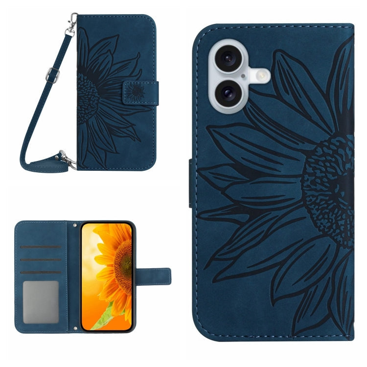 Skin Feel Sun Flower Embossed Flip Leather Phone Case with Lanyard – Lanyard, Card Slot, Flip, For iPhone 16, For iPhone 15 Pro Max For iPhone 16 Inky Blue