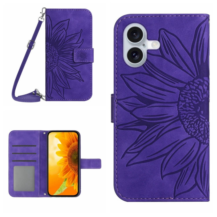 Skin Feel Sun Flower Embossed Flip Leather Phone Case with Lanyard – Lanyard, Card Slot, Flip, For iPhone 16, For iPhone 15 Pro Max For iPhone 16 Dark Purple