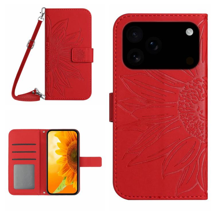 Skin Feel Sun Flower Embossed Flip Leather Phone Case with Lanyard, For iPhone 17 Pro, For iPhone 17 For iPhone 17 Pro Red