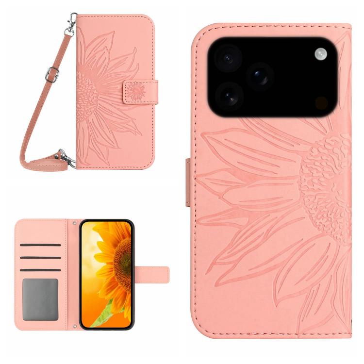Skin Feel Sun Flower Embossed Flip Leather Phone Case with Lanyard – Lanyard, Card Slot, Flip, For iPhone 17 Pro, For iPhone 17 For iPhone 17 Pro Pink
