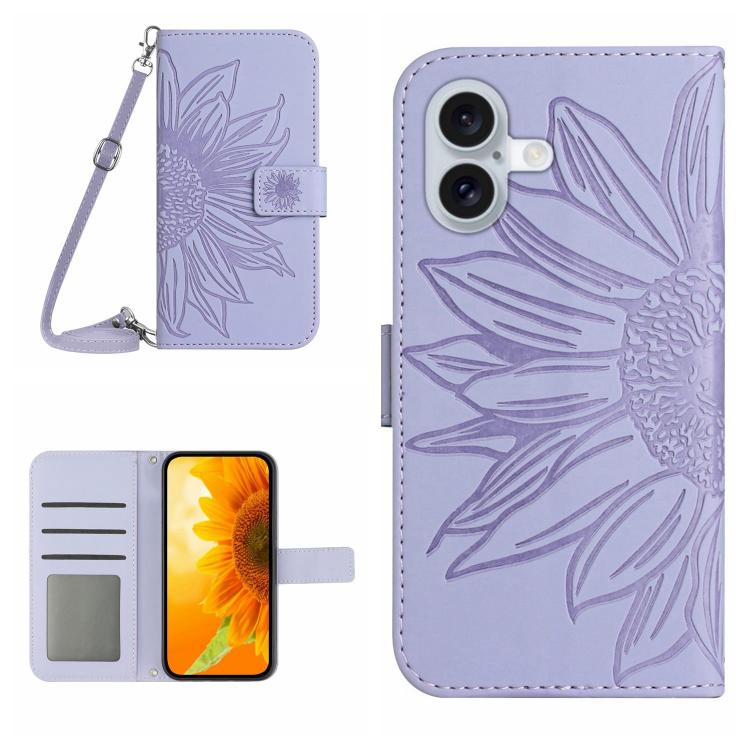 Skin Feel Sun Flower Embossed Flip Leather Phone Case with Lanyard – Lanyard, Card Slot, Flip, For iPhone 17 Pro, For iPhone 17 For iPhone 17 Purple