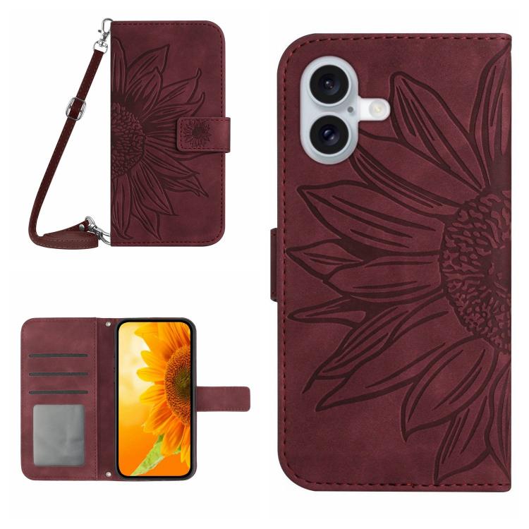 Skin Feel Sun Flower Embossed Flip Leather Phone Case with Lanyard – Lanyard, Card Slot, Flip, For iPhone 17 Pro, For iPhone 17 For iPhone 17 Wine Red
