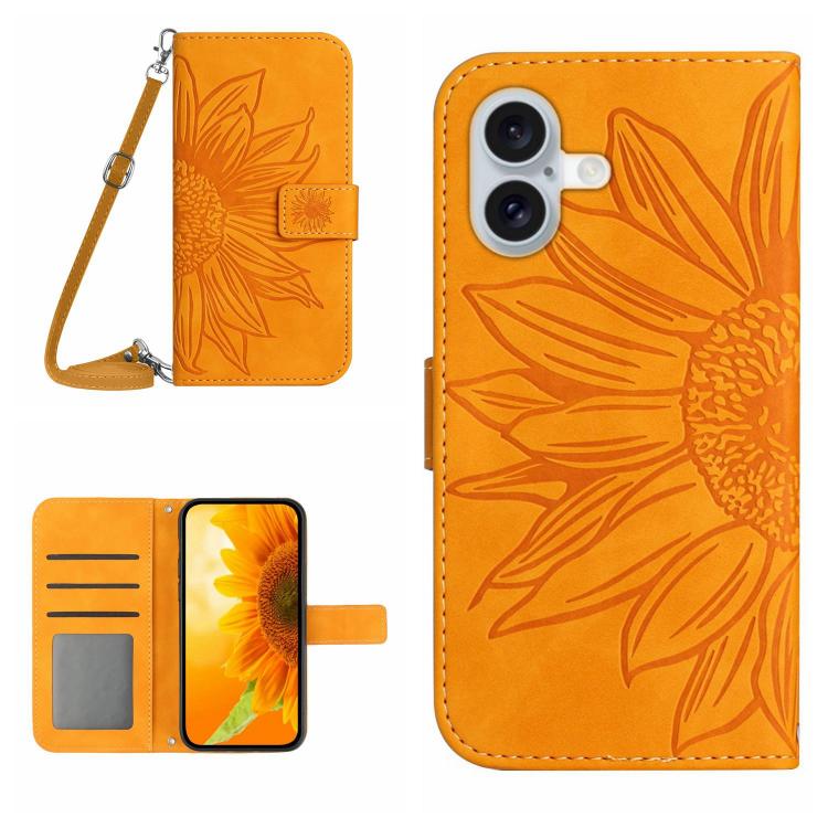 Skin Feel Sun Flower Embossed Flip Leather Phone Case with Lanyard – Lanyard, Card Slot, Flip, For iPhone 17 Pro, For iPhone 17 For iPhone 17 Yellow