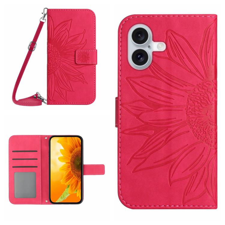 Skin Feel Sun Flower Embossed Flip Leather Phone Case with Lanyard – Lanyard, Card Slot, Flip, For iPhone 17 Pro, For iPhone 17 For iPhone 17 Rose Red