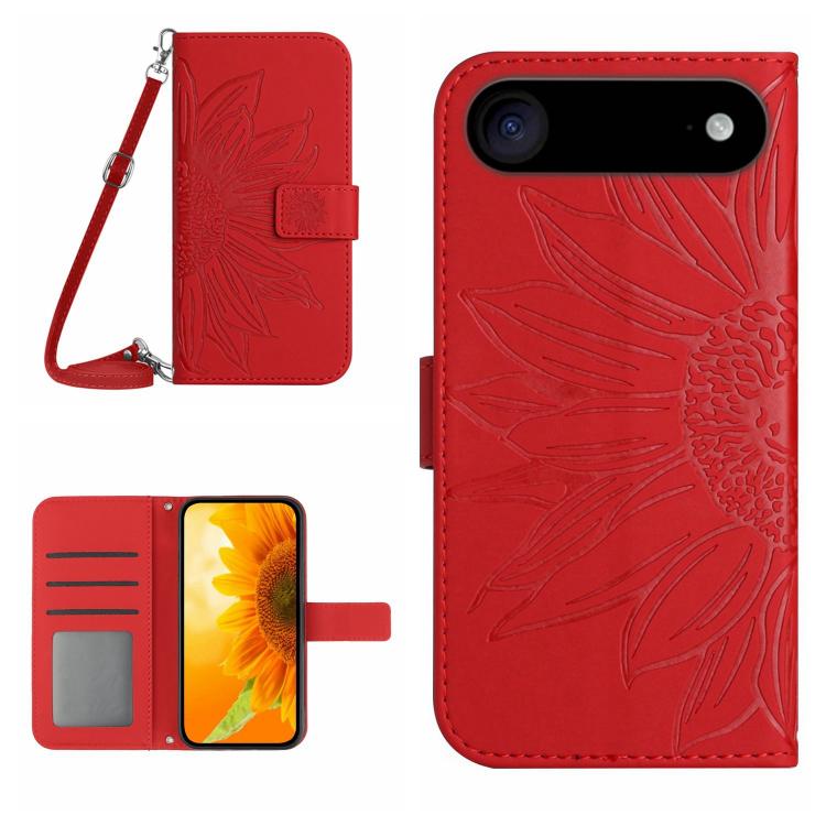 Skin Feel Sun Flower Embossed Flip Leather Phone Case with Lanyard, For iPhone Air, For iPhone 16 Pro Max For iPhone Air Red