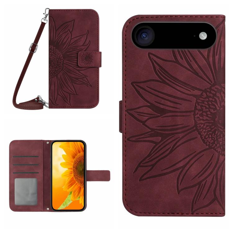 Skin Feel Sun Flower Embossed Flip Leather Phone Case with Lanyard – Lanyard, Card Slot, Flip, For iPhone Air, For iPhone 16 Pro Max For iPhone Air Wine Red