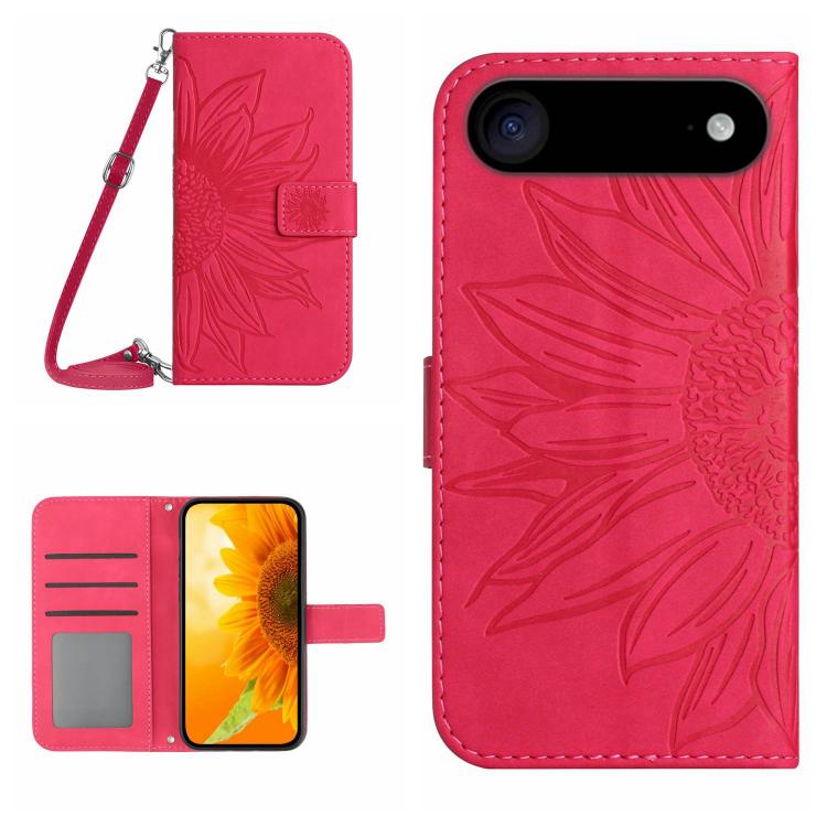 Skin Feel Sun Flower Embossed Flip Leather Phone Case with Lanyard – Lanyard, Card Slot, Flip, For iPhone Air, For iPhone 16 Pro Max For iPhone Air Rose Red