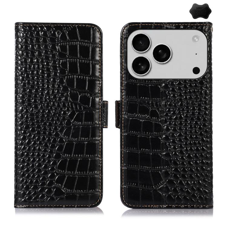 Crocodile Top Layer Cowhide Leather Phone Case, For iPhone 18 Pro / 17 Pro, For iPhone 18 Pro Max / 17 Pro Max, For iPhone 16e / 17e, For iPhone 17, For iPhone Air, For iPhone 16 Pro Max For iPhone 18 Pro 17 Pro Black
