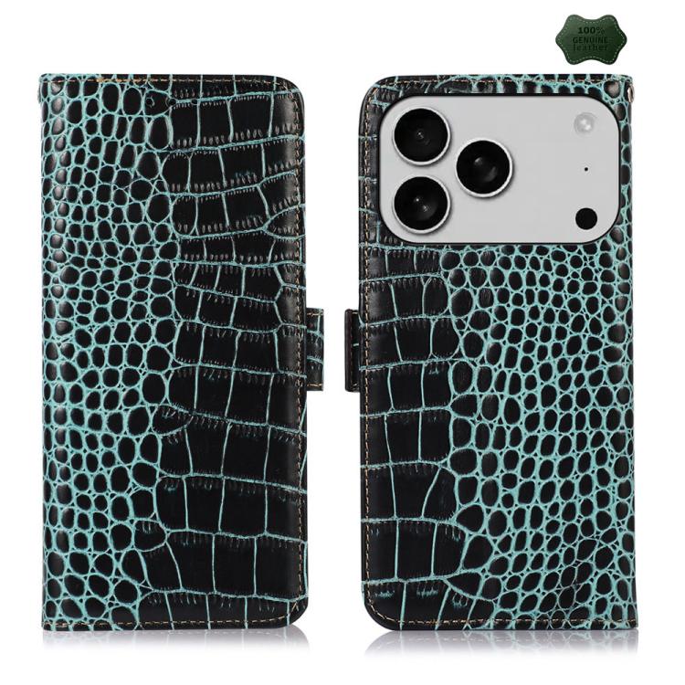 Crocodile Top Layer Cowhide Leather Phone Case – Card Slot, Leather, TPU, For iPhone 18 Pro / 17 Pro, For iPhone 18 Pro Max / 17 Pro Max, For iPhone 16e / 17e, For iPhone 17, For iPhone Air, For iPhone 16 Pro Max For iPhone 18 Pro 17 Pro Green