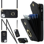 Rhombic Texture Card Bag Phone Case with Long Lanyard, For iPhone 14 Plus, For iPhone 14, For iPhone 14 Pro For iPhone 14 Plus Black