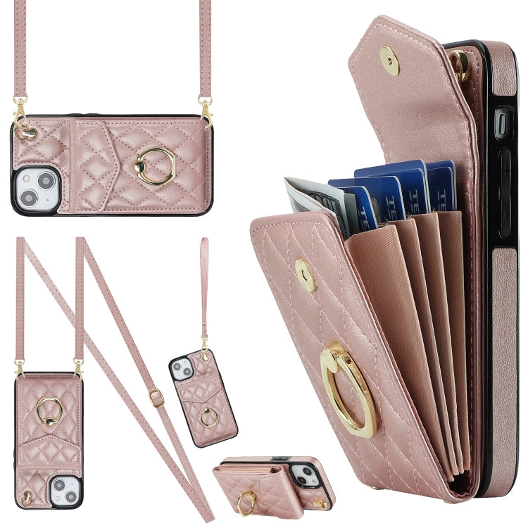 Rhombic Texture Card Bag Phone Case with Long Lanyard – Lanyard, Leather, TPU, For iPhone 14 Plus, For iPhone 14, For iPhone 14 Pro For iPhone 14 Plus Rose Gold