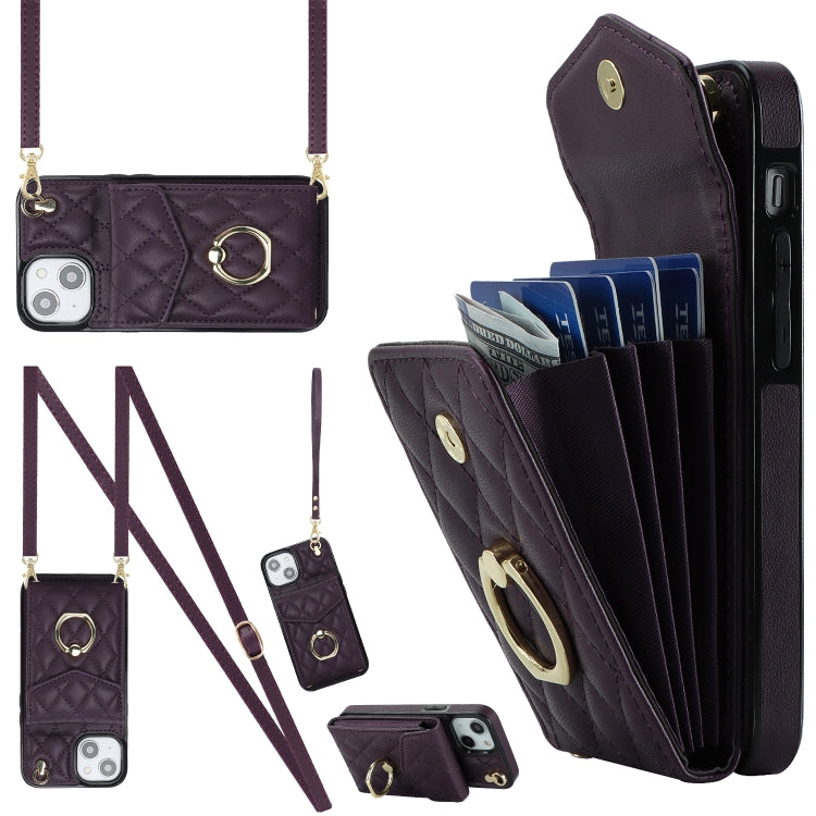 Rhombic Texture Card Bag Phone Case with Long Lanyard – Lanyard, Leather, TPU, For iPhone 14 Plus, For iPhone 14, For iPhone 14 Pro For iPhone 14 Plus Wine Red