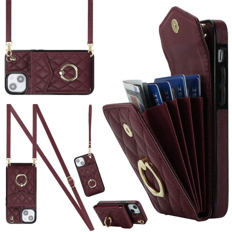 Rhombic Texture Card Bag Phone Case with Long Lanyard – Lanyard, Leather, TPU, For iPhone 14 Plus, For iPhone 14, For iPhone 14 Pro For iPhone 14 Wine Red