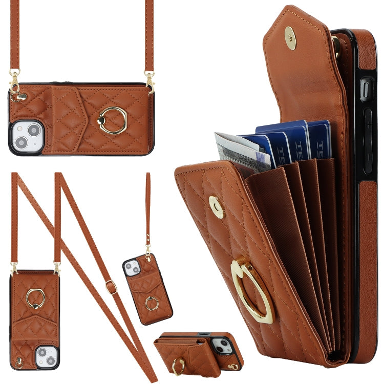 Rhombic Texture Card Bag Phone Case with Long Lanyard – Lanyard, Leather, TPU, For iPhone 14 Plus, For iPhone 14, For iPhone 14 Pro For iPhone 14 Brown