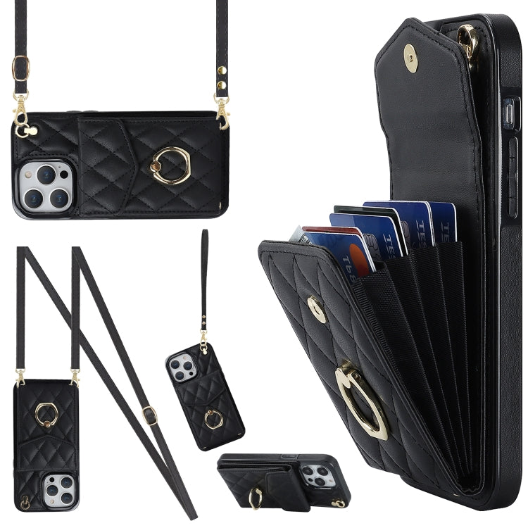 Rhombic Texture Card Bag Phone Case with Long Lanyard – Lanyard, Leather, TPU, For iPhone 14 Plus, For iPhone 14, For iPhone 14 Pro For iPhone 14 Pro Black