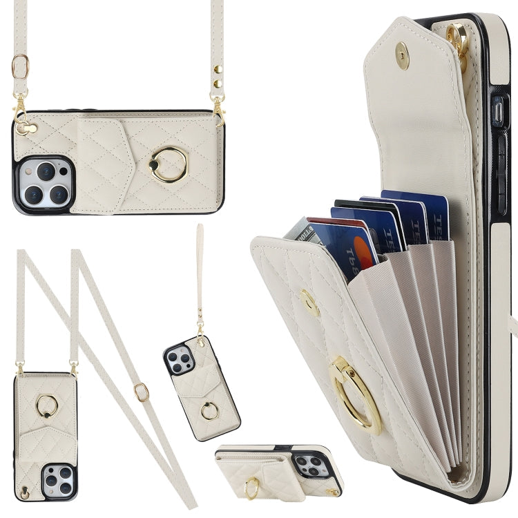Rhombic Texture Card Bag Phone Case with Long Lanyard – Lanyard, Leather, TPU, For iPhone 14 Plus, For iPhone 14, For iPhone 14 Pro For iPhone 14 Pro White