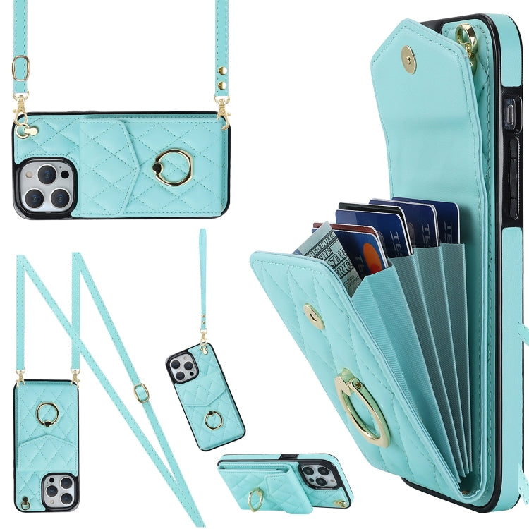 Rhombic Texture Card Bag Phone Case with Long Lanyard – Lanyard, Leather, TPU, For iPhone 14 Plus, For iPhone 14, For iPhone 14 Pro For iPhone 14 Pro Mint Green