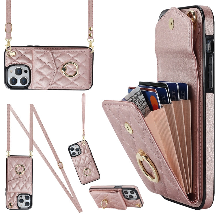 Rhombic Texture Card Bag Phone Case with Long Lanyard – Lanyard, Leather, TPU, For iPhone 14 Plus, For iPhone 14, For iPhone 14 Pro For iPhone 14 Pro Rose Gold