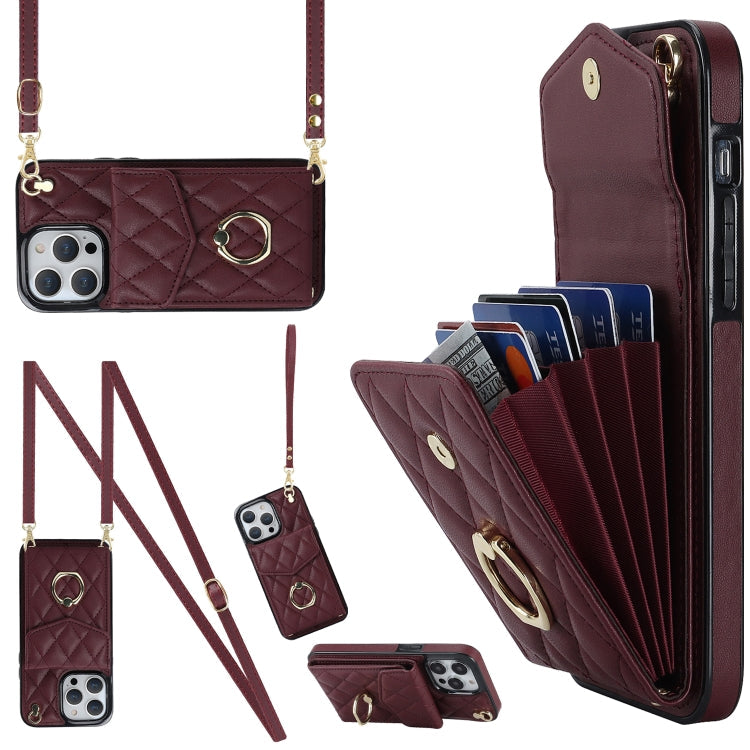 Rhombic Texture Card Bag Phone Case with Long Lanyard – Lanyard, Leather, TPU, For iPhone 14 Plus, For iPhone 14, For iPhone 14 Pro For iPhone 14 Pro Wine Red