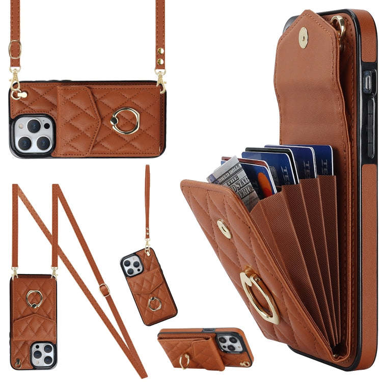 Rhombic Texture Card Bag Phone Case with Long Lanyard – Lanyard, Leather, TPU, For iPhone 14 Plus, For iPhone 14, For iPhone 14 Pro For iPhone 14 Pro Brown