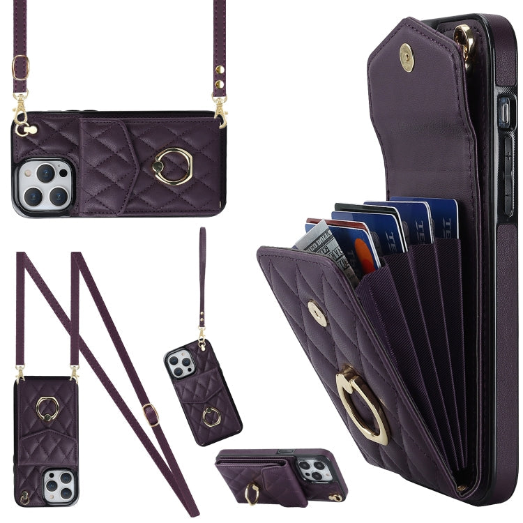 Rhombic Texture Card Bag Phone Case with Long Lanyard – Lanyard, Leather, TPU, For iPhone 14 Plus, For iPhone 14, For iPhone 14 Pro For iPhone 14 Pro Dark Purple