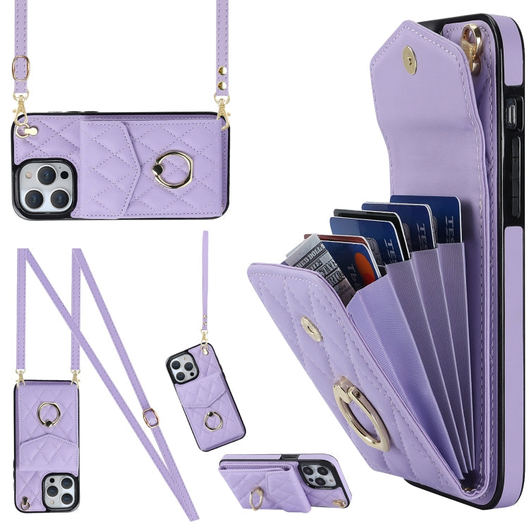Rhombic Texture Card Bag Phone Case with Long Lanyard – Lanyard, Leather, TPU, For iPhone 14 Plus, For iPhone 14, For iPhone 14 Pro For iPhone 14 Pro Light Purple