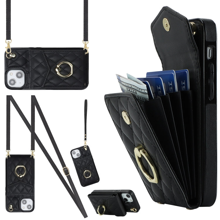 Rhombic Texture Card Bag Phone Case with Long Lanyard, For iPhone 13, For iPhone 12 / 12 Pro, For iPhone 12 Pro Max For iPhone 13 Black
