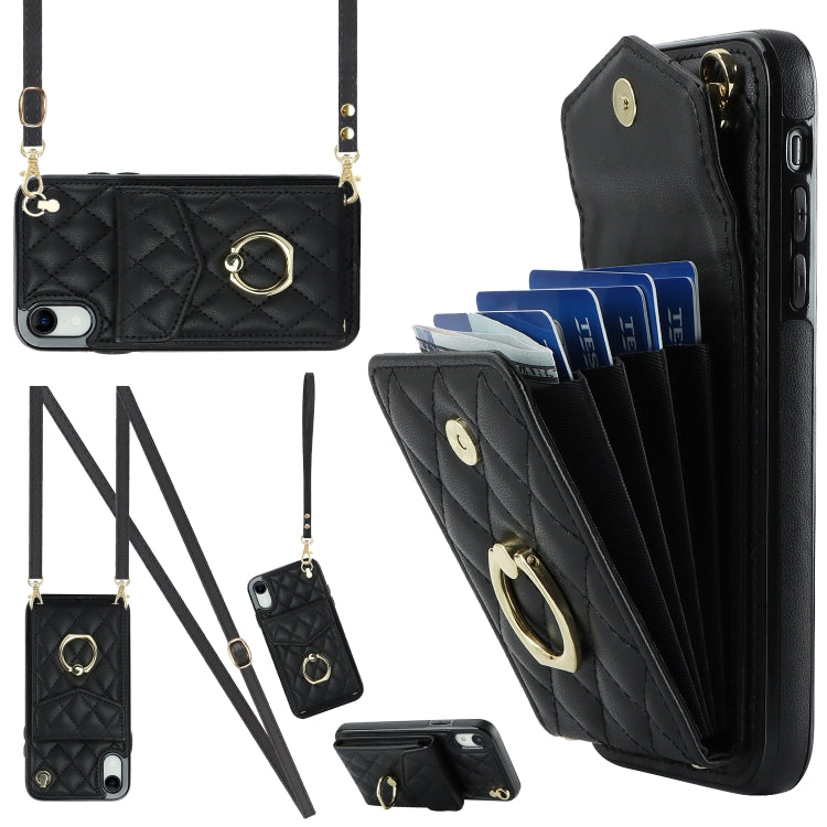 Rhombic Texture Card Bag Phone Case with Long Lanyard, For iPhone XR, For iPhone XS Max For iPhone XR Black