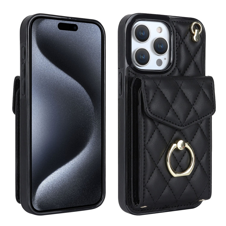 Rhombic Texture Card Bag Phone Case with Long Lanyard – Lanyard, Leather, TPU, For iPhone 17, For iPhone Air, For iPhone 15 Pro Max For iPhone 15 Pro Max Black