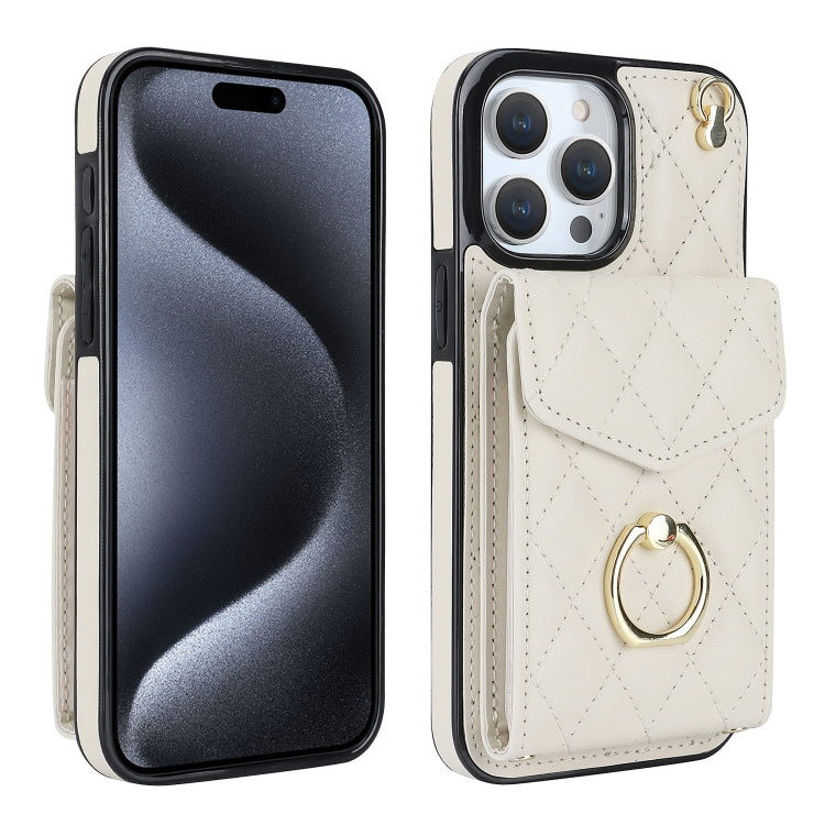 Rhombic Texture Card Bag Phone Case with Long Lanyard – Lanyard, Leather, TPU, For iPhone 17, For iPhone Air, For iPhone 15 Pro Max For iPhone 15 Pro Max White