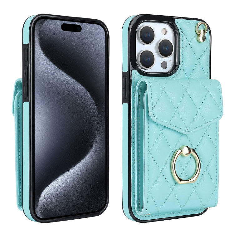 Rhombic Texture Card Bag Phone Case with Long Lanyard – Lanyard, Leather, TPU, For iPhone 17, For iPhone Air, For iPhone 15 Pro Max For iPhone 15 Pro Max Mint Green