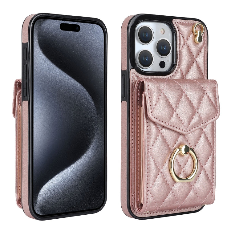 Rhombic Texture Card Bag Phone Case with Long Lanyard – Lanyard, Leather, TPU, For iPhone 17, For iPhone Air, For iPhone 15 Pro Max For iPhone 15 Pro Max Rose Gold