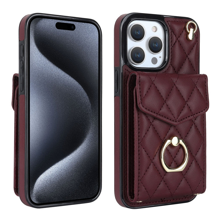 Rhombic Texture Card Bag Phone Case with Long Lanyard – Lanyard, Leather, TPU, For iPhone 17, For iPhone Air, For iPhone 15 Pro Max For iPhone 15 Pro Max Wine Red