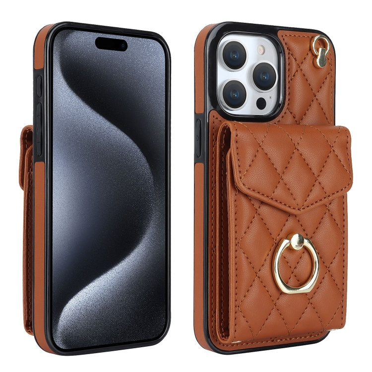 Rhombic Texture Card Bag Phone Case with Long Lanyard – Lanyard, Leather, TPU, For iPhone 17, For iPhone Air, For iPhone 15 Pro Max For iPhone 15 Pro Max Brown