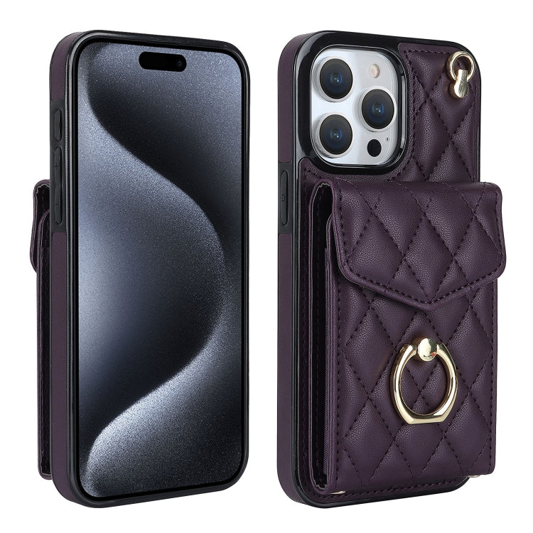 Rhombic Texture Card Bag Phone Case with Long Lanyard – Lanyard, Leather, TPU, For iPhone 17, For iPhone Air, For iPhone 15 Pro Max For iPhone 15 Pro Max Dark Purple