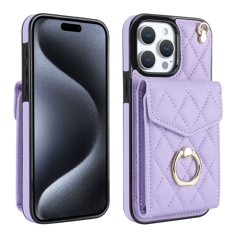Rhombic Texture Card Bag Phone Case with Long Lanyard – Lanyard, Leather, TPU, For iPhone 17, For iPhone Air, For iPhone 15 Pro Max For iPhone 15 Pro Max Light Purple