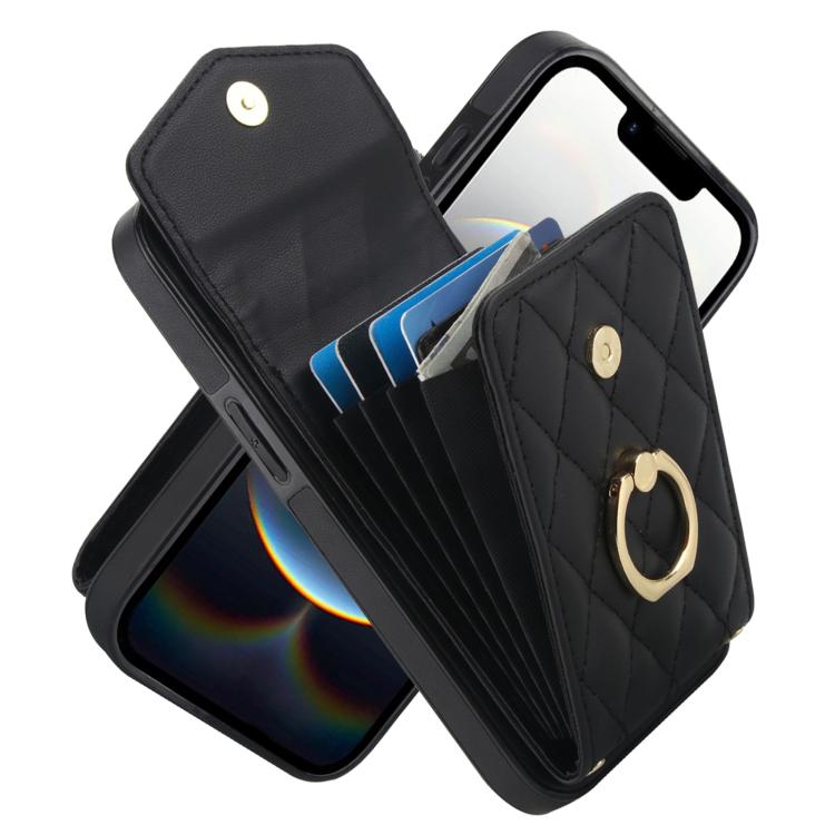 Rhombic Texture Card Bag Phone Case with Long Lanyard – Lanyard, Leather, TPU, For iPhone 17e / 16e, For iPhone 17 Pro Max, For iPhone 17 Pro For iPhone 17e 16e Black