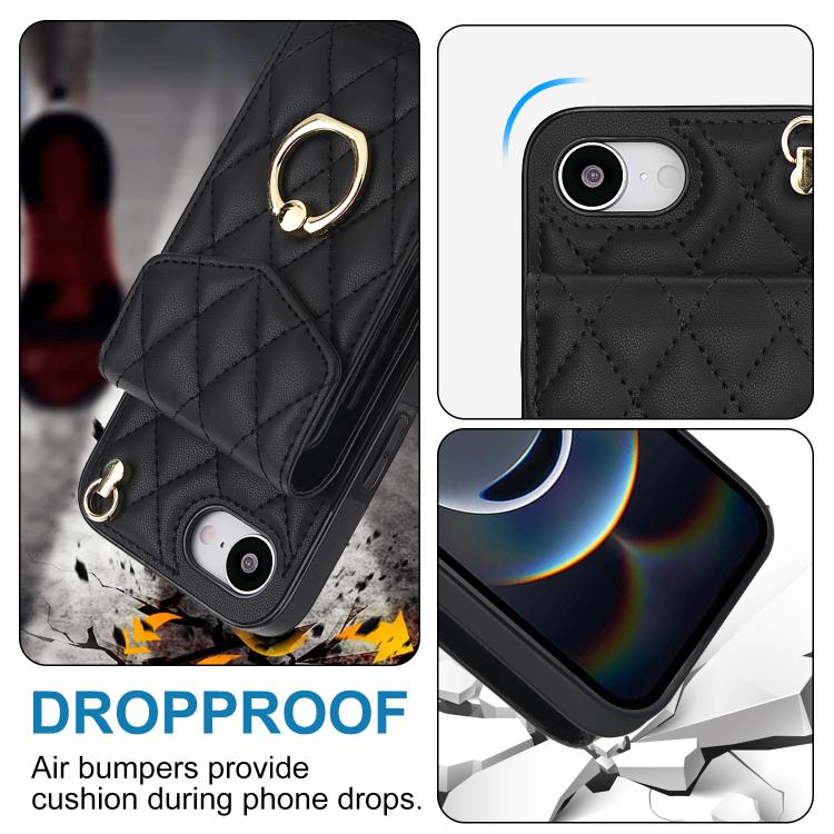 Rhombic Texture Card Bag Phone Case with Long Lanyard – Lanyard, Leather, TPU, For iPhone 17e / 16e, For iPhone 17 Pro Max, For iPhone 17 Pro
