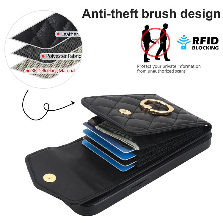 Rhombic Texture Card Bag Phone Case with Long Lanyard – Lanyard, Leather, TPU, For iPhone 17e / 16e, For iPhone 17 Pro Max, For iPhone 17 Pro