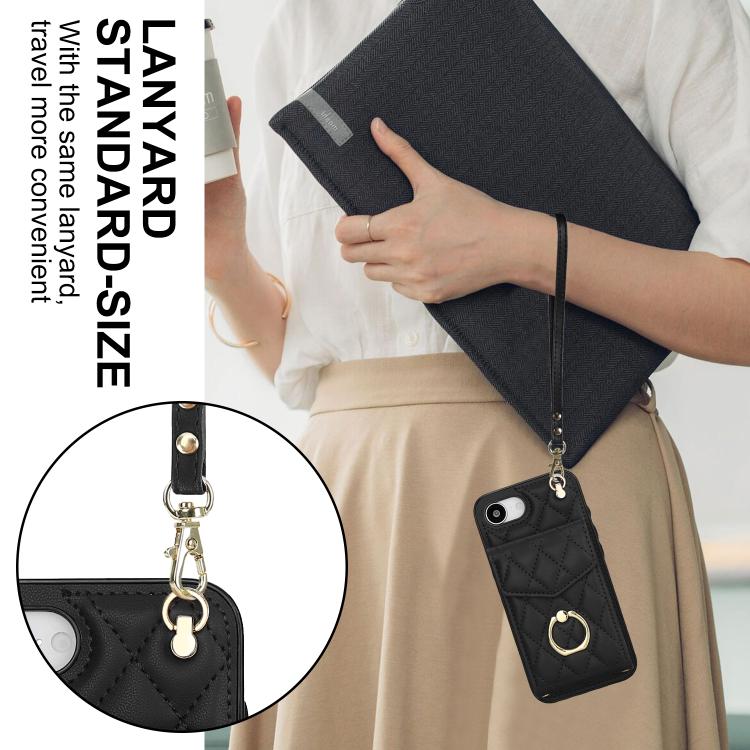 Rhombic Texture Card Bag Phone Case with Long Lanyard – Lanyard, Leather, TPU, For iPhone 17e / 16e, For iPhone 17 Pro Max, For iPhone 17 Pro